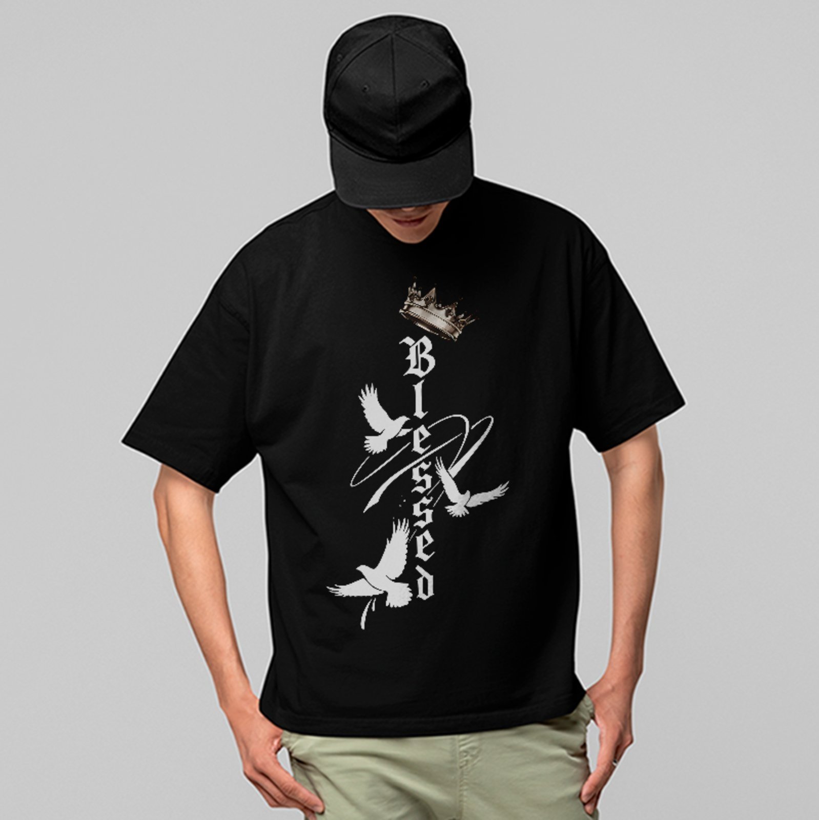 Camiseta Oversized Blessed Crown Doves Faith Gospel Style Preto