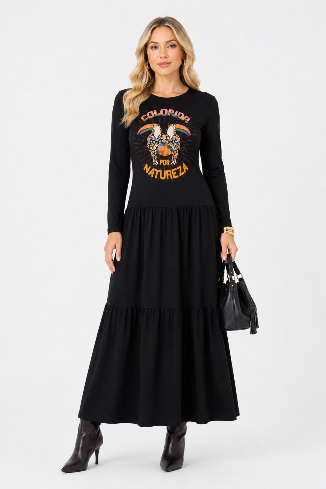 Vestido Midi D Bell Outlet Fashion Manga Longa Preto