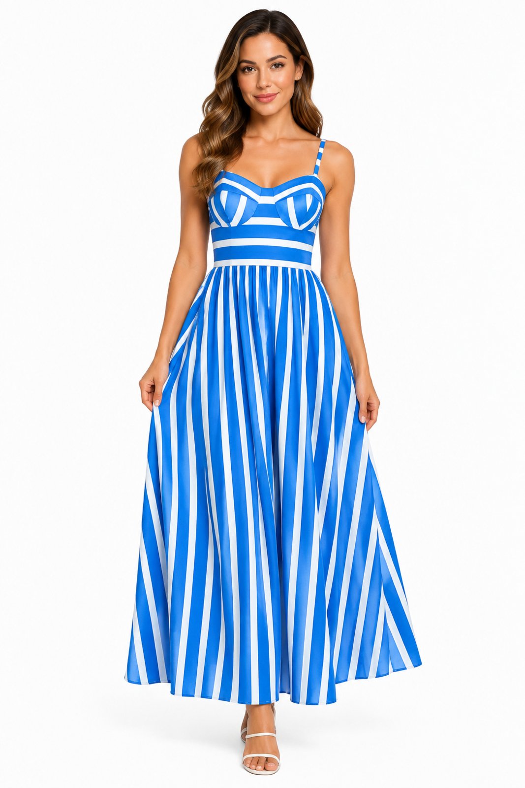 Vestido Midi D Bell Outlet Fashion Riviera Listrado Alça Fina Azul
