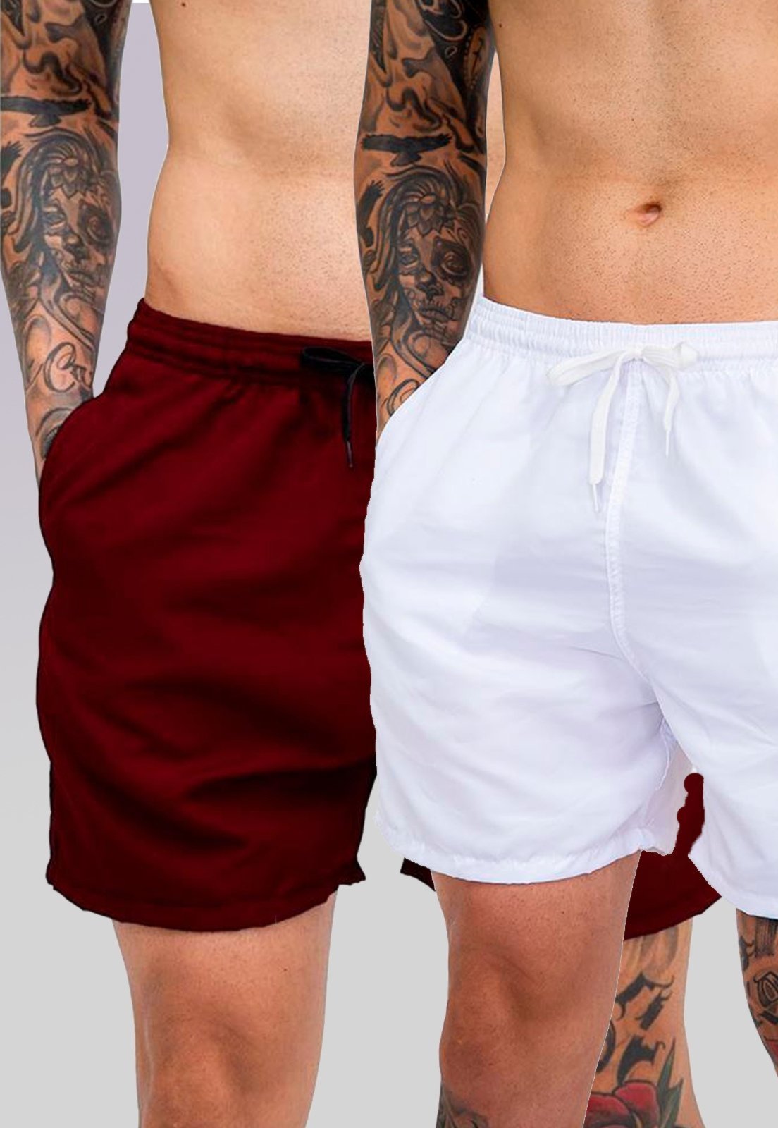 Kit 2 Shorts Tactel Premium Bermudas Moda Praia tectel Branco e Vinho Bordo