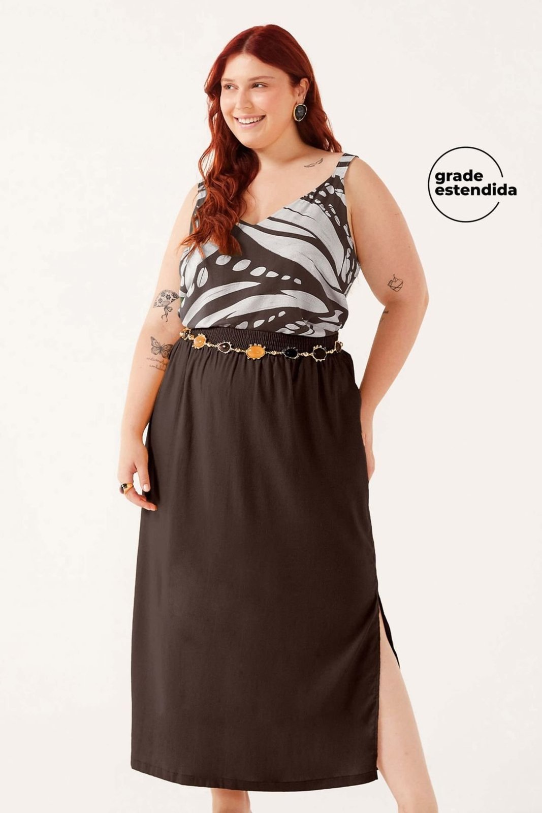 Saia Midi Feminina Tecido Linho Marialícia Marrom