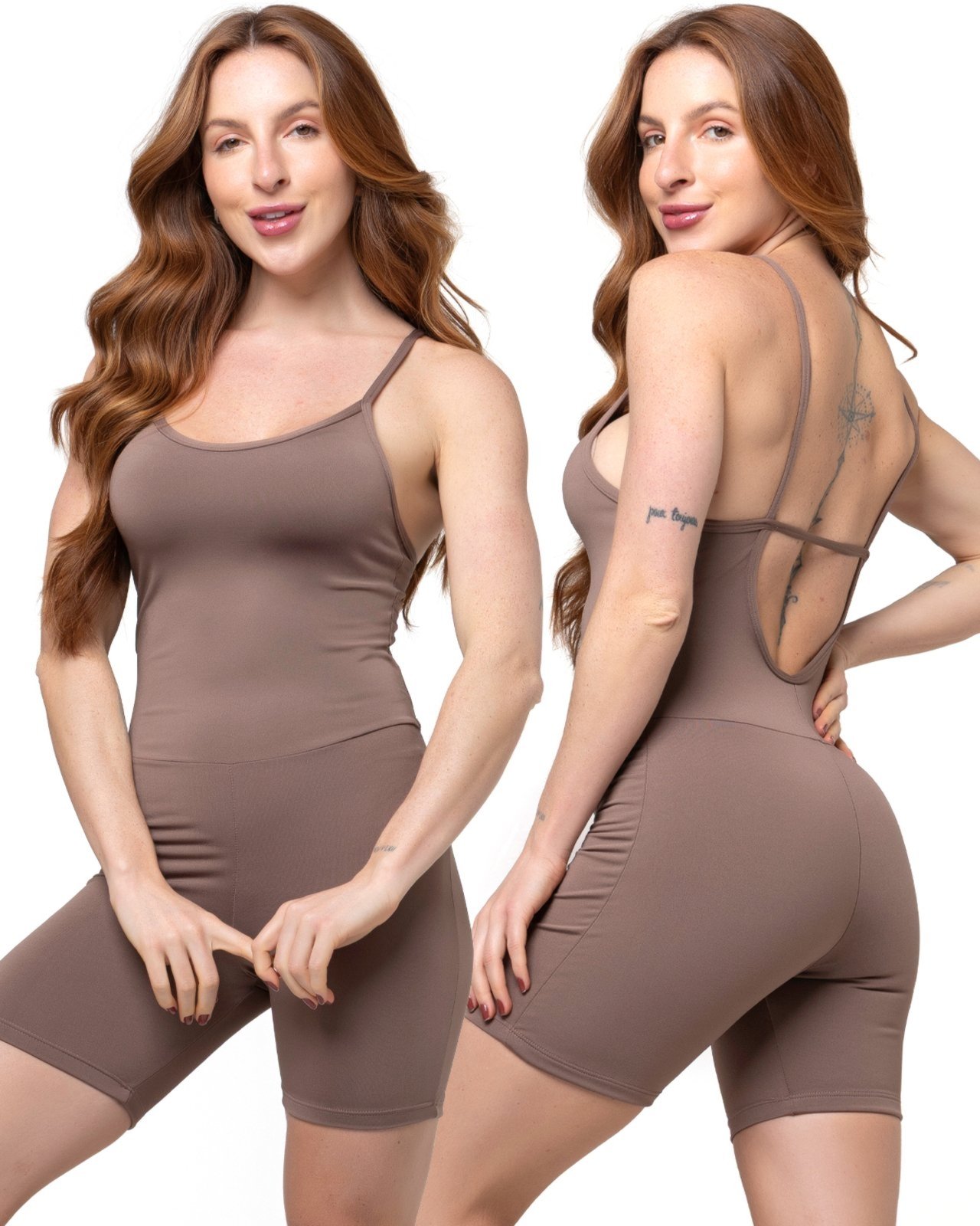 Macaquinho Fitness Alcinha Slim Zero Transparência Forrado Academia Macacão 048 CASTANHO