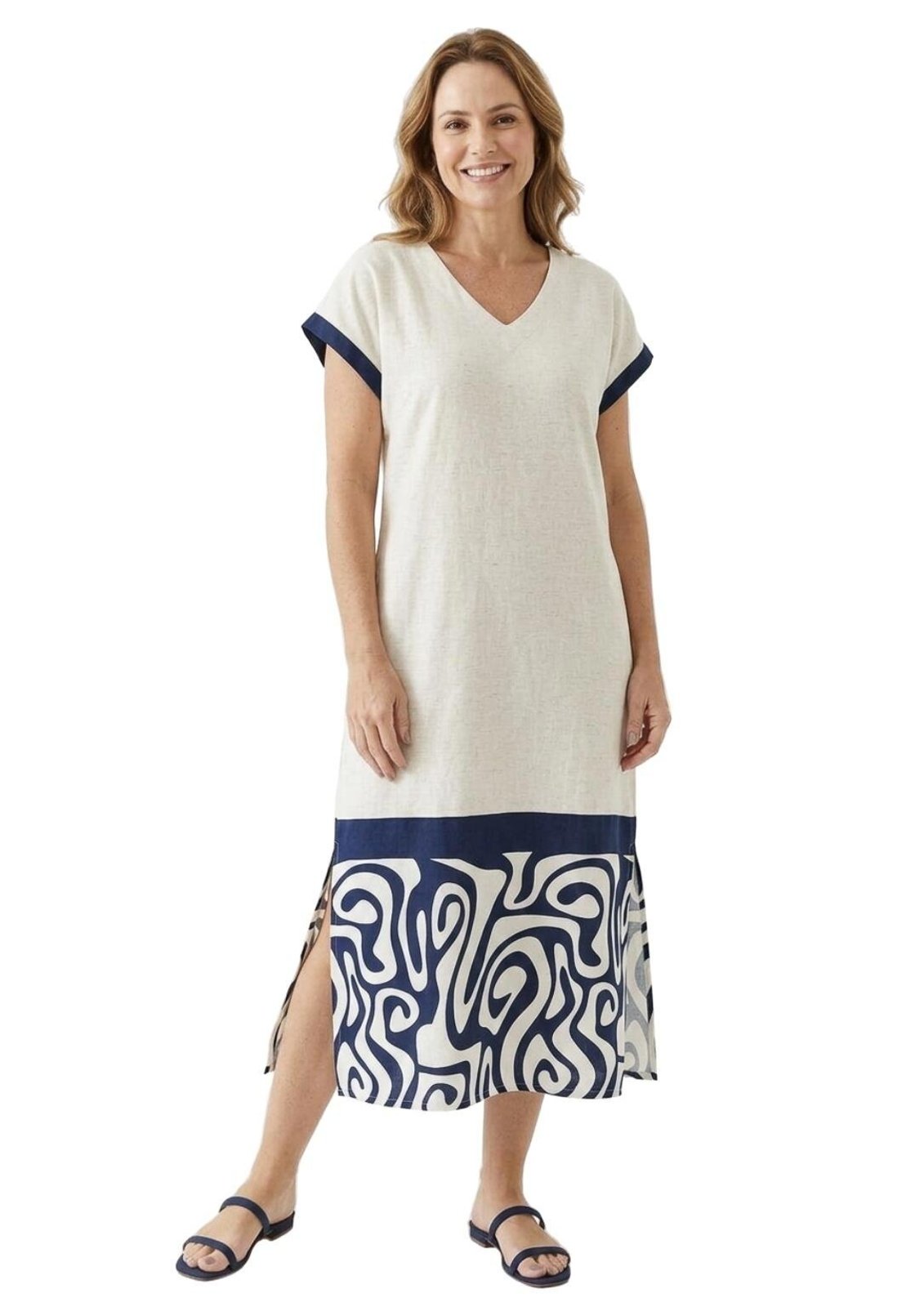 Vestido Midi de Viscolinho Estampado | Pau a Pique Azul Marinho