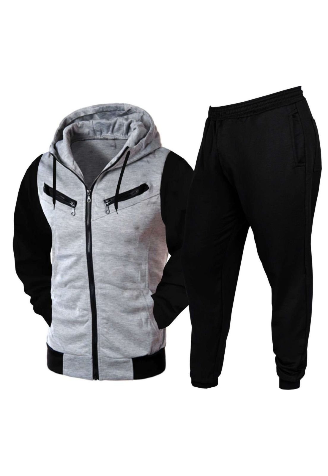 Conjunto Blusa E Calça De Moletom Relaxado Zíper Preto E Cinza Claro