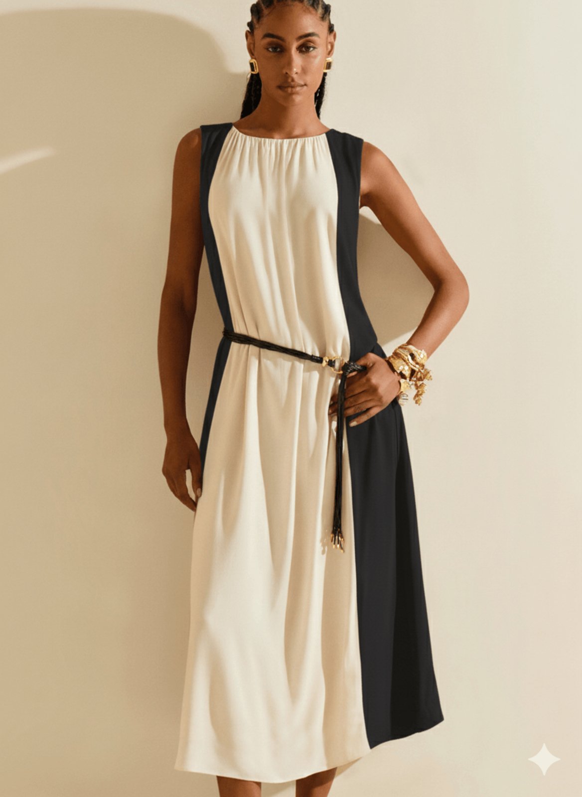 Vestido Morena Rosa Solto Decote Canoa Sem Manga Midi Bege