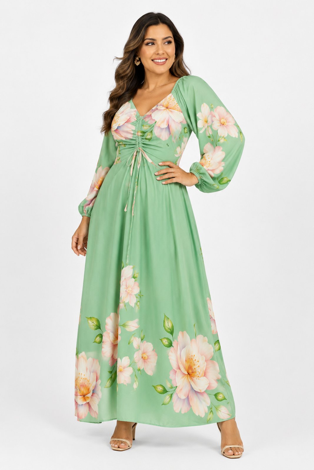 Vestido Longo D Bell Outlet Fashion Manga Longa Floral Verde Claro
