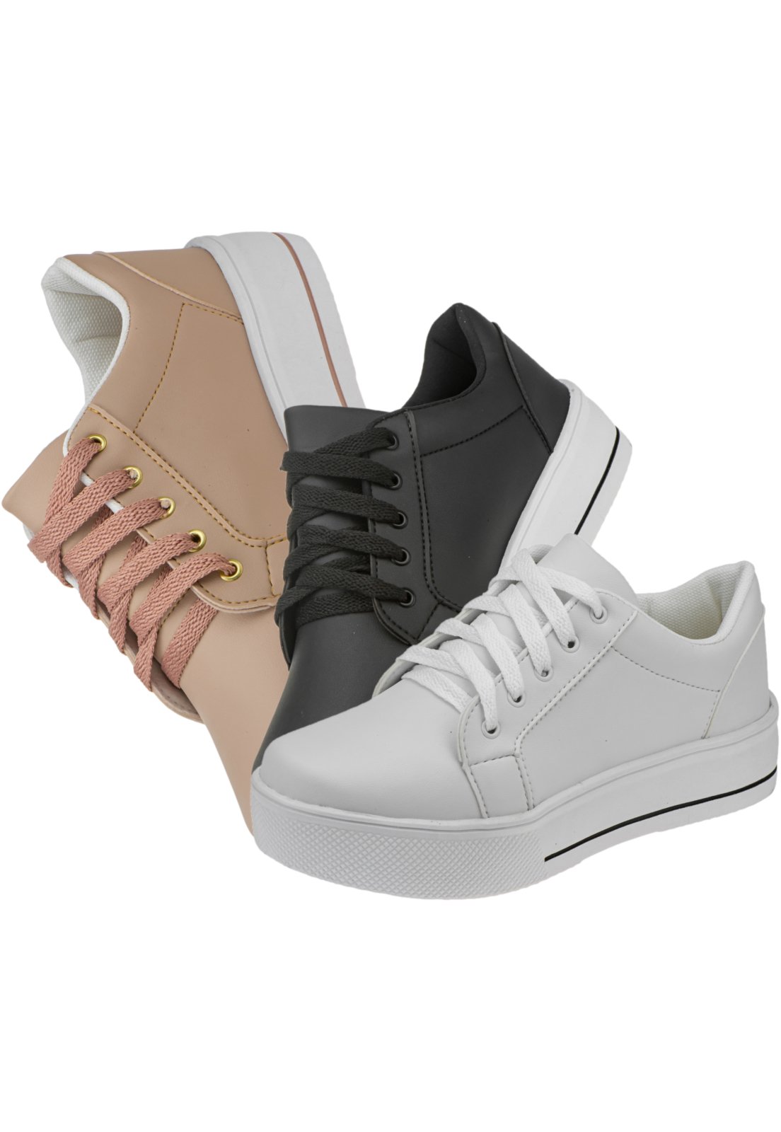 Kit 03 Pares Tênis Casual Lumiss Plataforma Nude/Preto/Branco