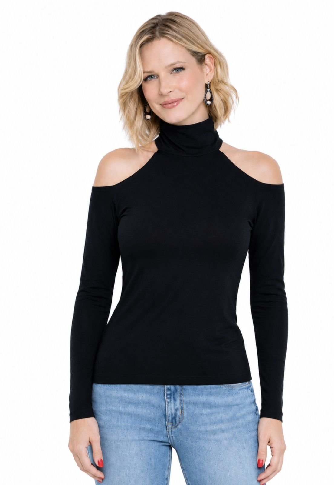 Blusa Maria Paes Manga Longa e Ombros Aberto Preto