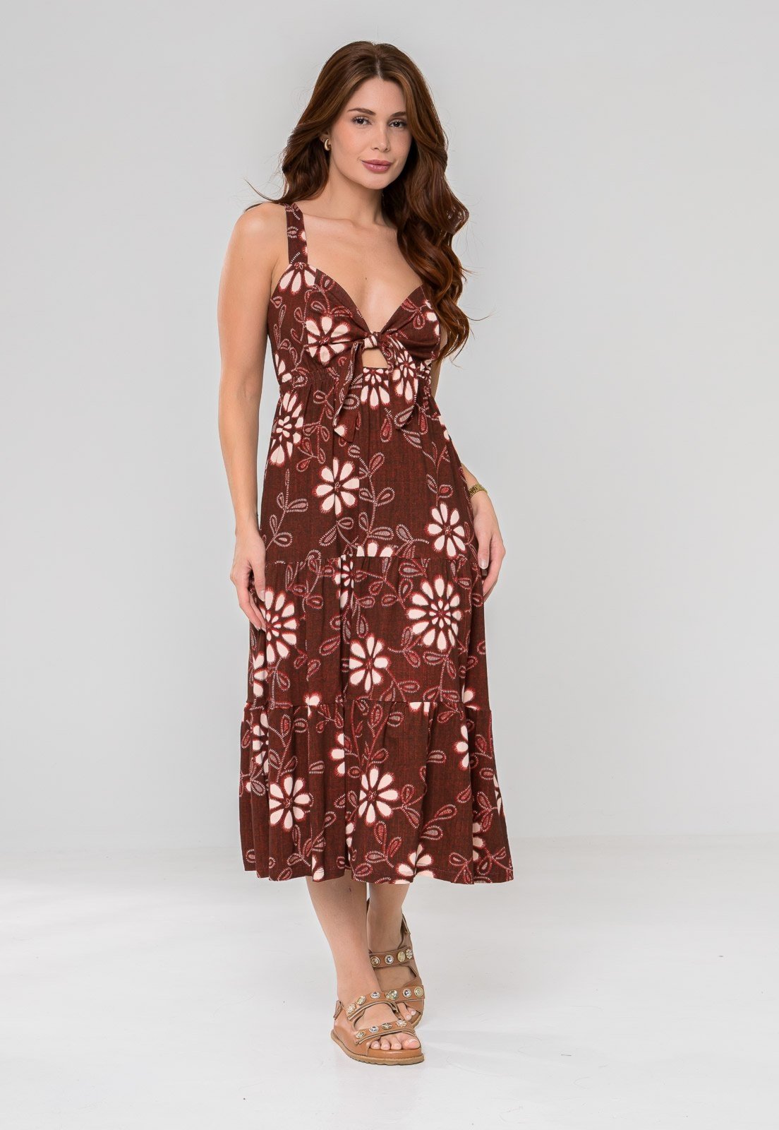 Vista 2 Vestido Aura Ikat Floral Terracota laranja laranja