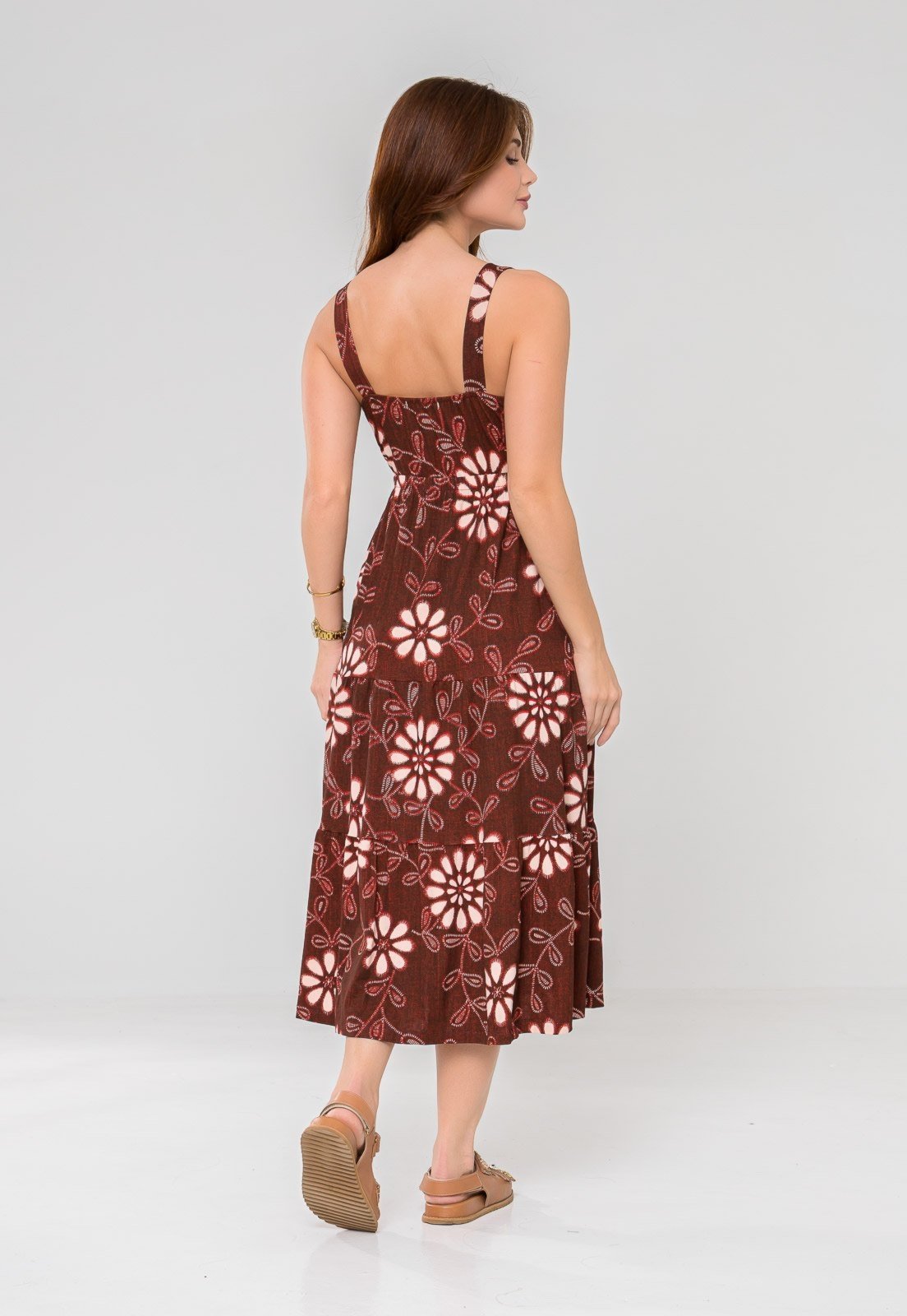 Vista 3 Vestido Aura Ikat Floral Terracota laranja laranja