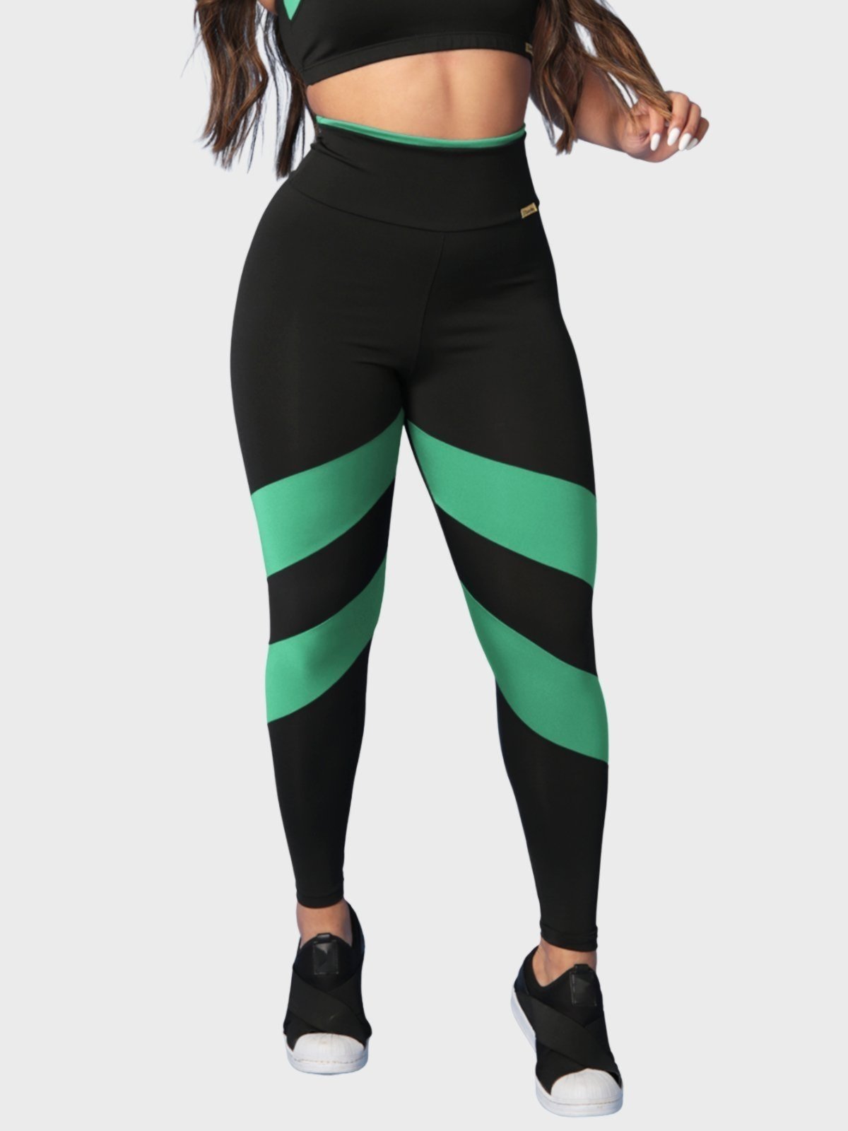 Calça Legging Fitness Tarelles Cintura Alta Preto e Verde Menta