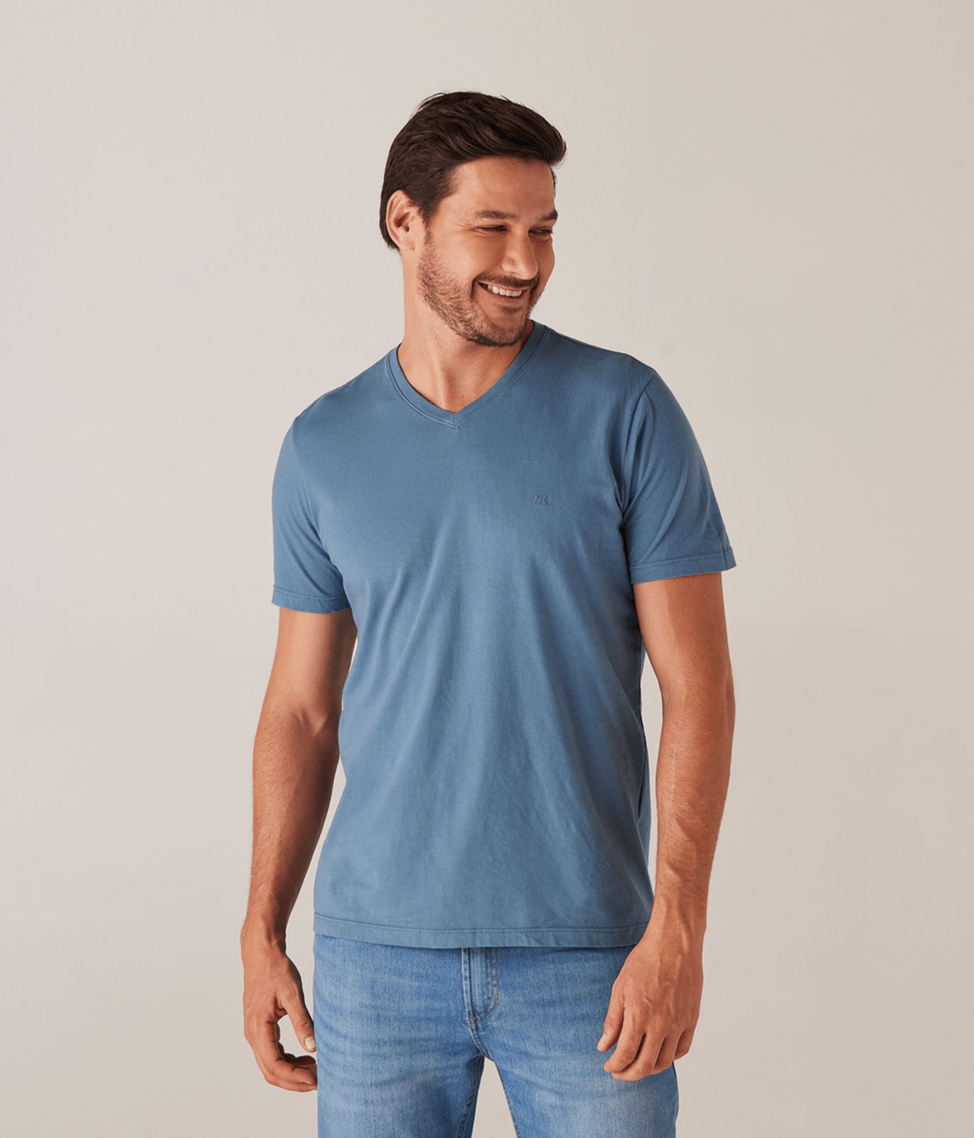 Camiseta Basica Manga Curta Decote V Masculina Azul Carbono