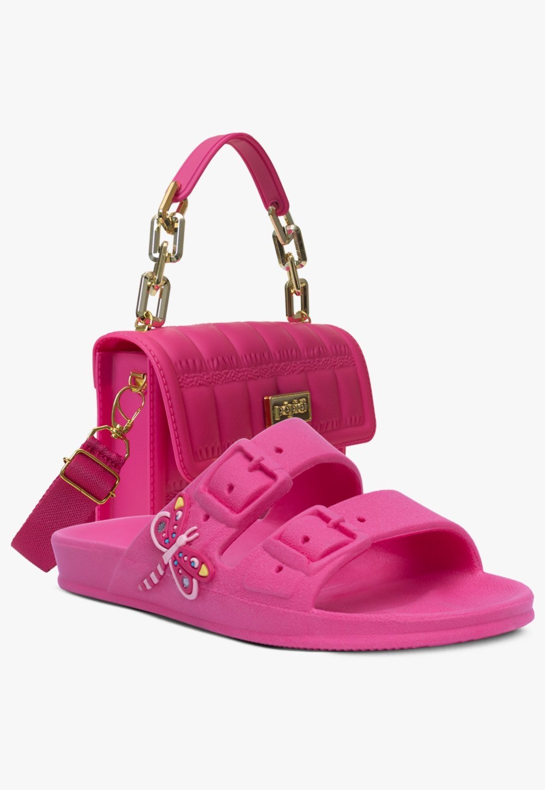 Infantil – Kit Bolsa e Chinelo Sandalia Papete Feminina Pópidi Pink