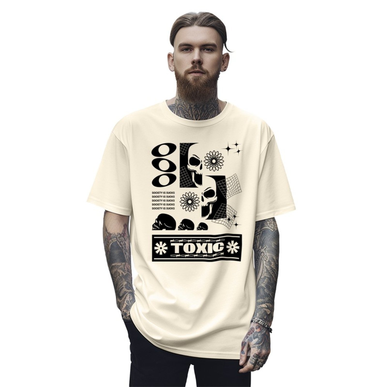 Vista 3 Camiseta Oversized Streetwear Genuine Grit Masculina Larga 100% Algodão 30.1 Toxic P bege Genuine bege