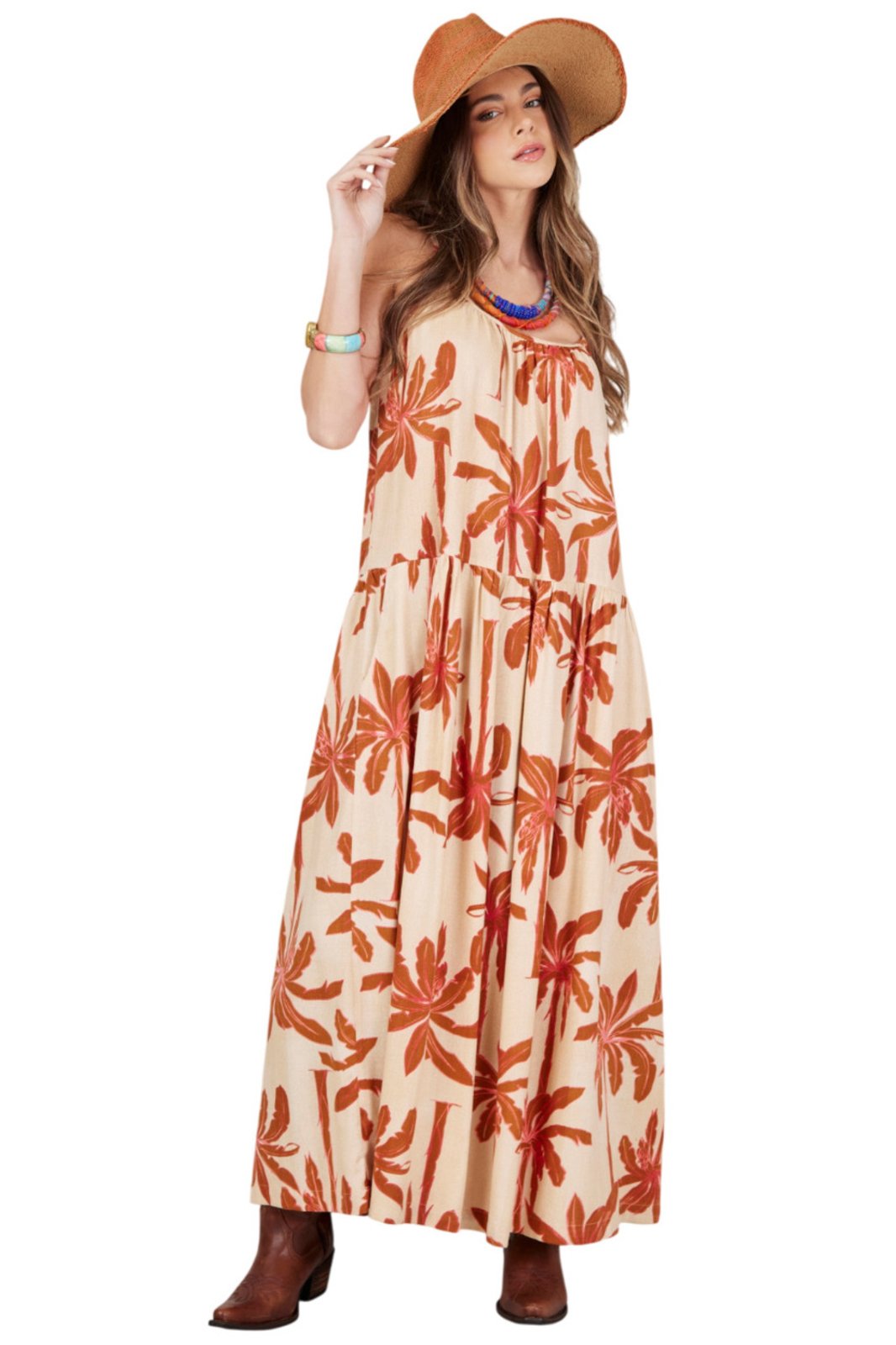 Vestido Midi Bege Escuro E Marrom Estampa Coqueiros Yacamim C31 – Estampado