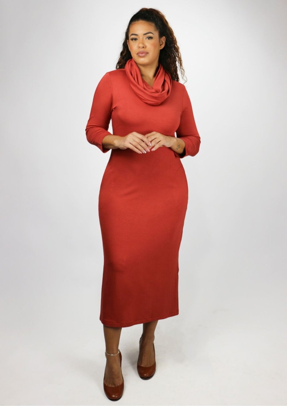 Vestido 3/4 Pau a Pique Midi Básico Telha TELHA – GG Pau a Pique