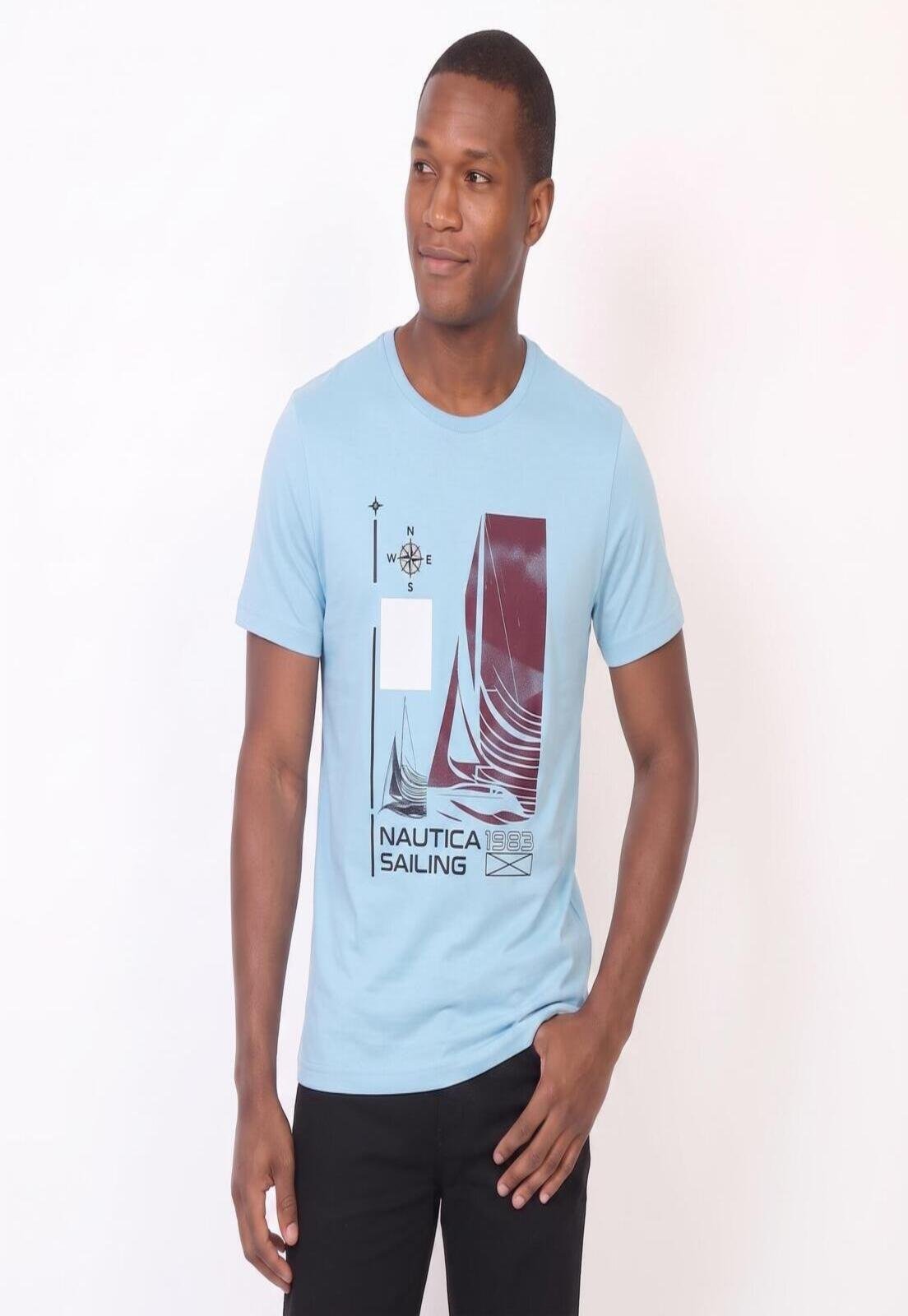 Camiseta Nautica Manga Curta Estampada Nautica Azul