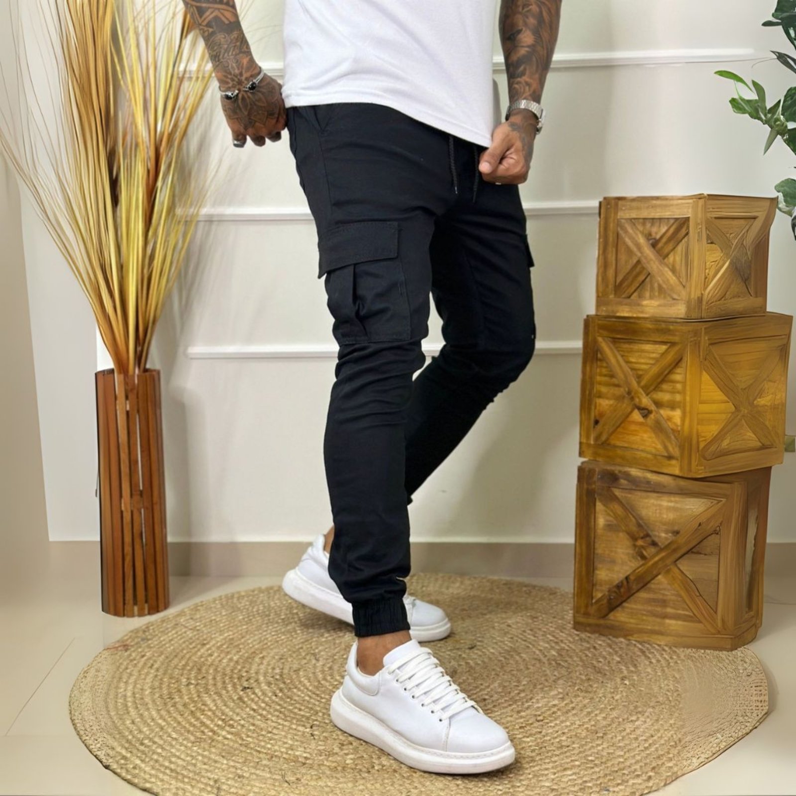 Calça Jogger Cargo Masculina Preta Linha Premium 100% Algodão