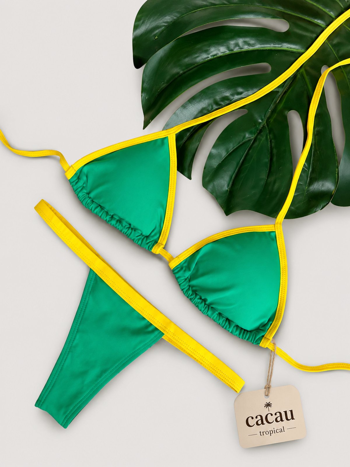 Biquíni Feminino Cortininha Amarelo com Verde Calcinha Asa Delta Ajustável Cacau Tropical Brasil