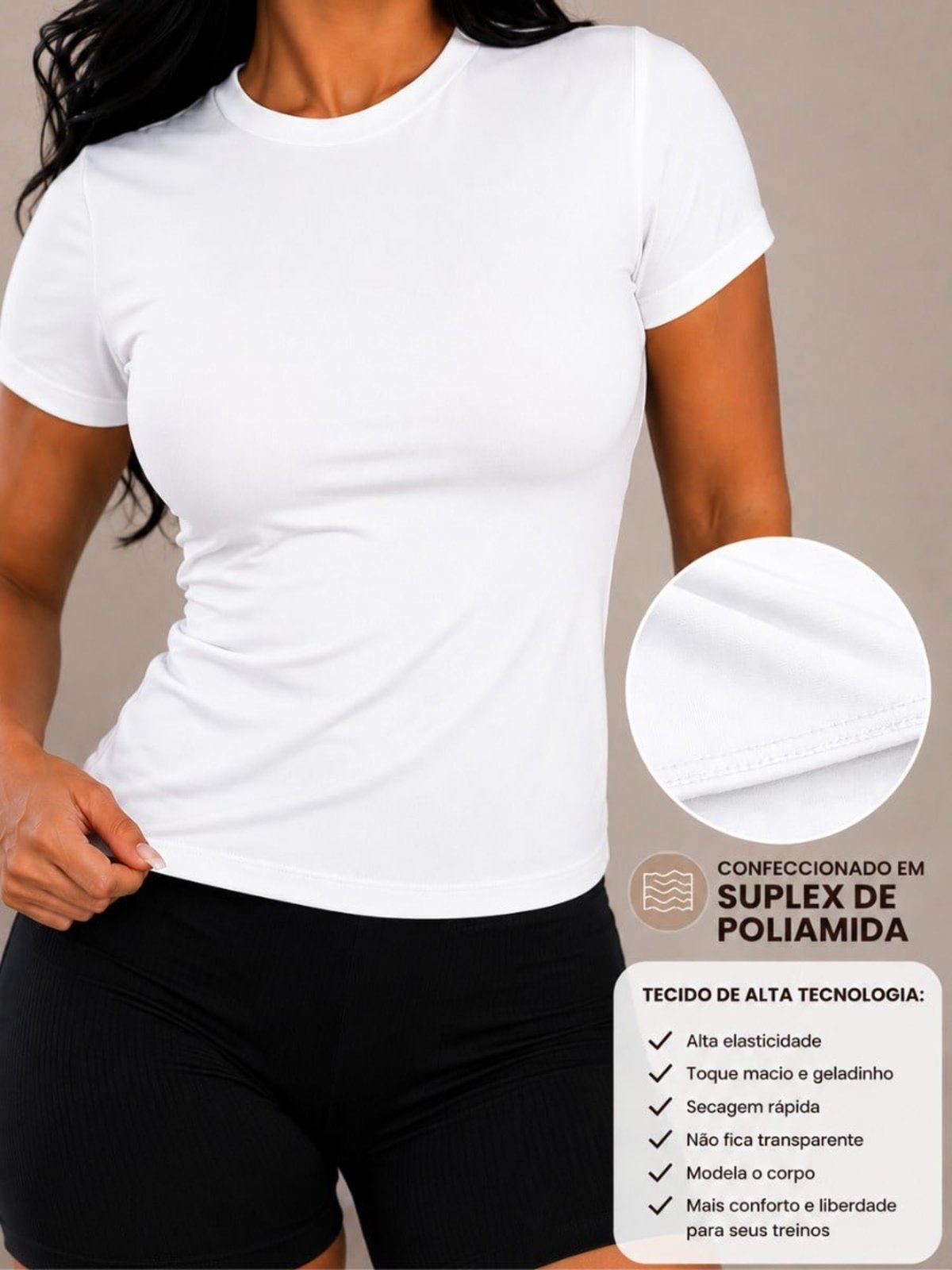 Camiseta Baby Look Feminina Suplex De Poliamida Fitness Treino Lisa Básica Elegante com Manga Curta Branco