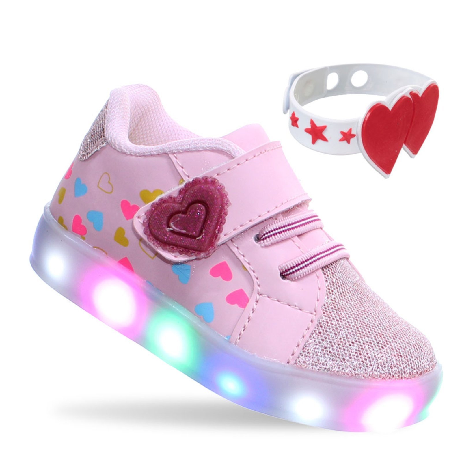 Infantil – Tenis Luz Led Menina Coração Rosa Com Pulseira