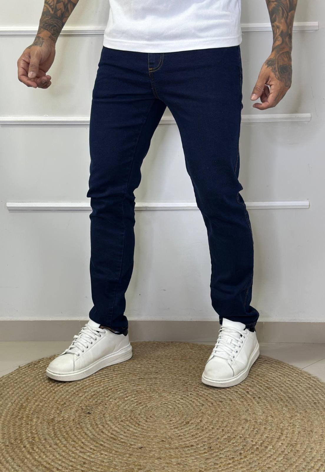 Calça Jeans Elegante Azul Escuro Masculina Skinny Reta Tecido Premium