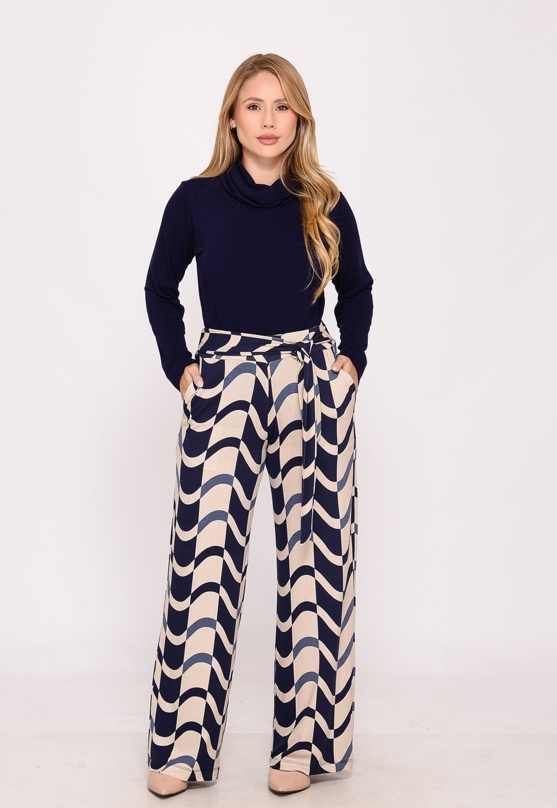 Calça Pantalona Cós largo Bolsos BBonnie Sheila Bege Azul