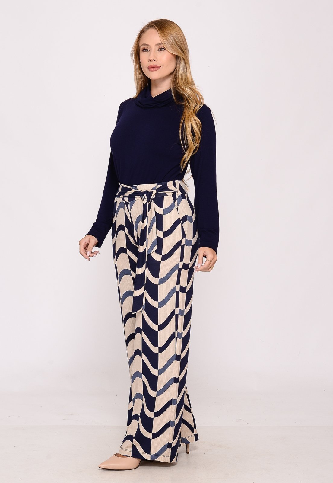 Vista 3 Calça Pantalona Cós largo Bolsos BBonnie Sheila Bege azul BBonnie azul