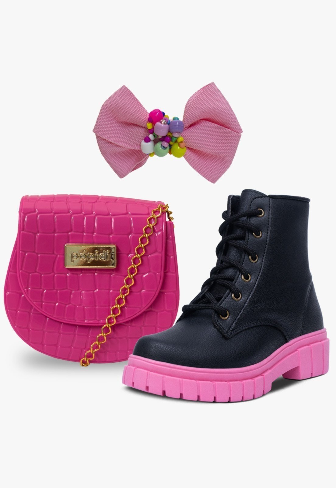 Vista 2 Infantil - Kit Bolsa Presilha e Bota Coturno Tratorado Pópidi Menina Preto pink/preto pink Pópidí pink/preto pink