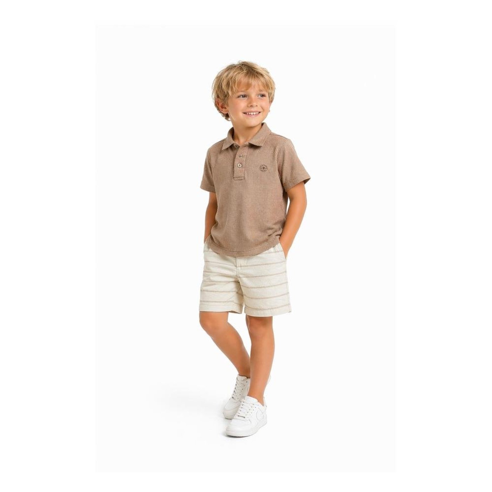 Infantil - Conjunto de Polo Bermuda VIGAT Confortável Elegante Marrom Off White 10 Marrom