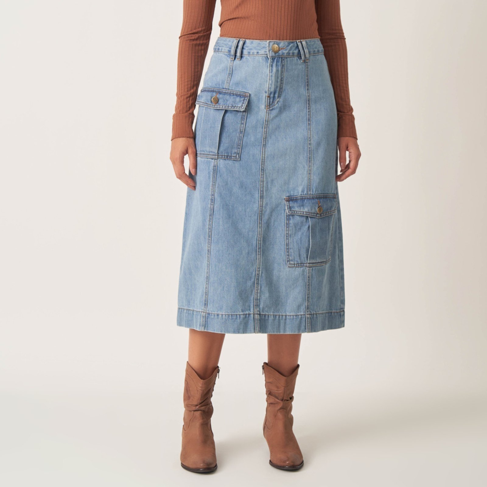 Saia Jeans Midi Bolso Cargo Frontal