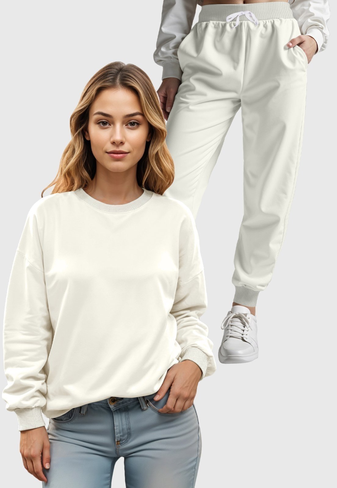 Conjunto Moletom Liso Gola Redonda e Calça Feminino Benellys Off White