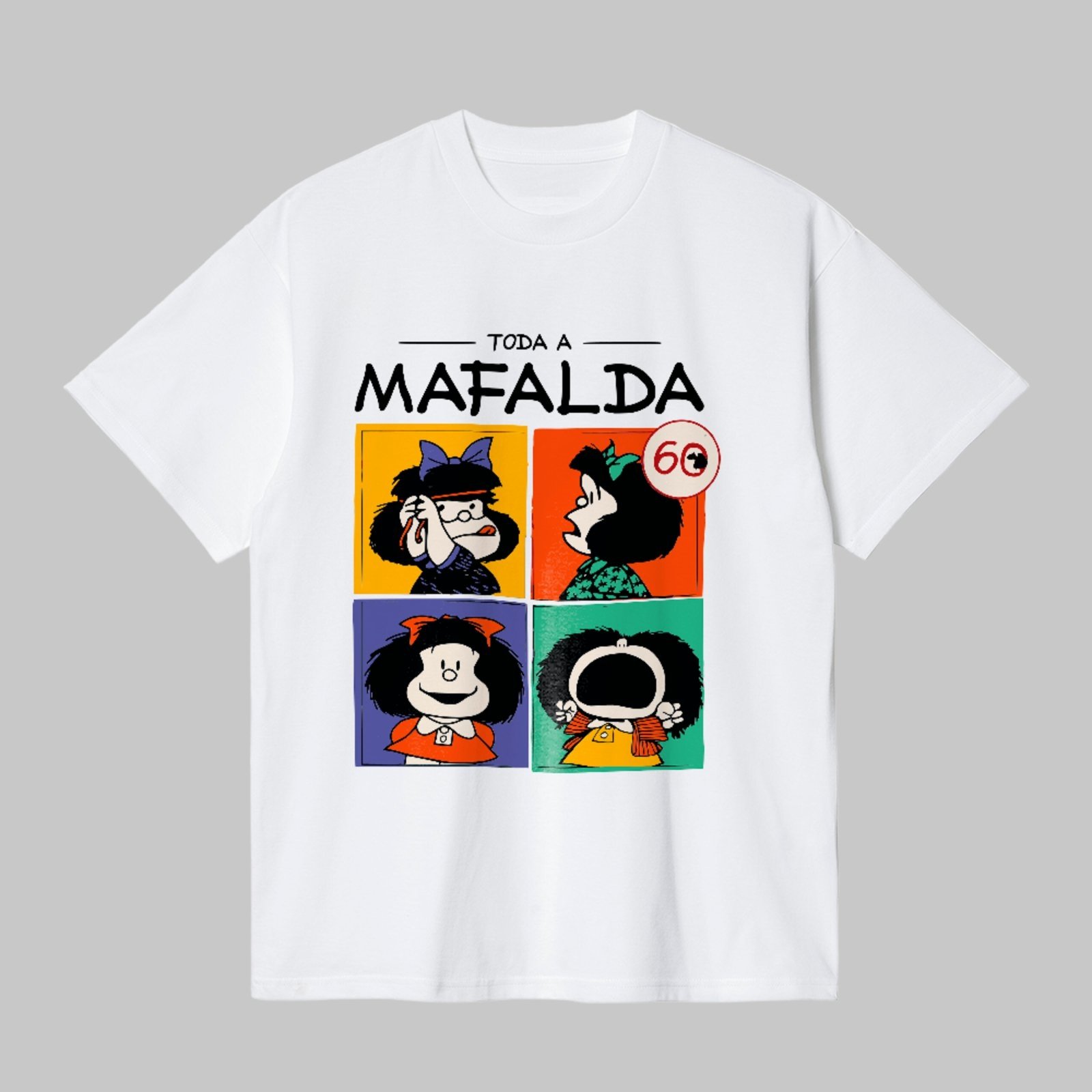 Camiseta Básica Personalidades Divertidas Mafalda Estampa Icônica Unissex Branco