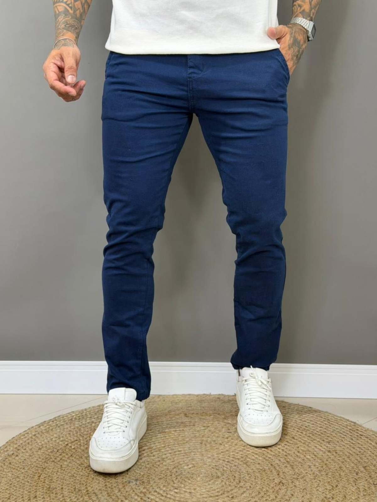 Calça Alfaiataria Masculina Azul Marinho Slim Fit Stretch Social Casual Elegante Moderna