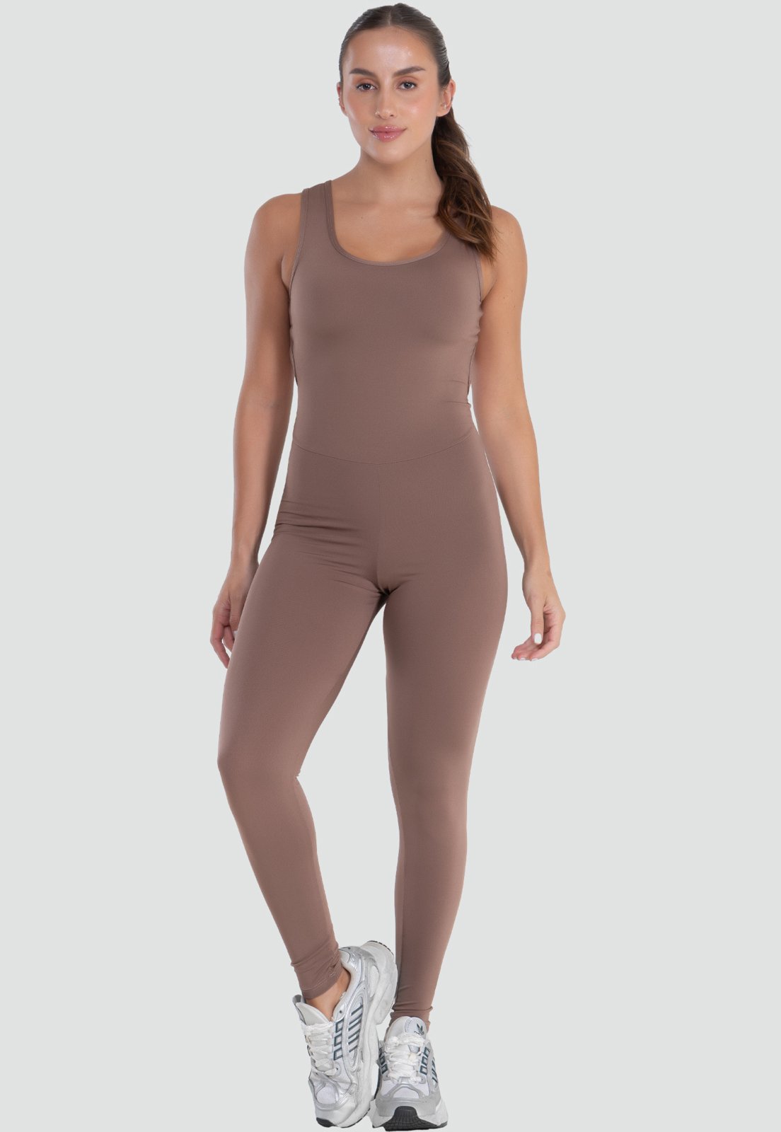 Macacão Mood Modas Longo Feminino Fitness Suplex Academia Ginástica 063 Castanho