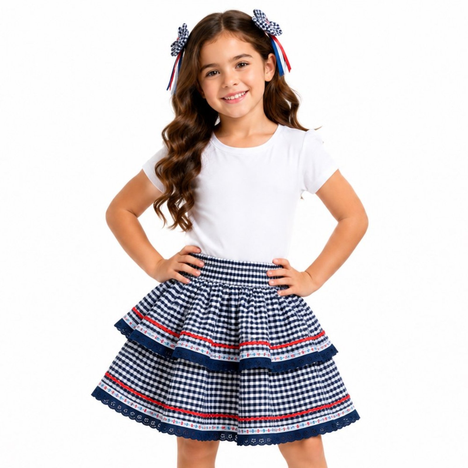 Infantil - Saia Junina Juvenil Look Jeans Babado Xadrez Marinho