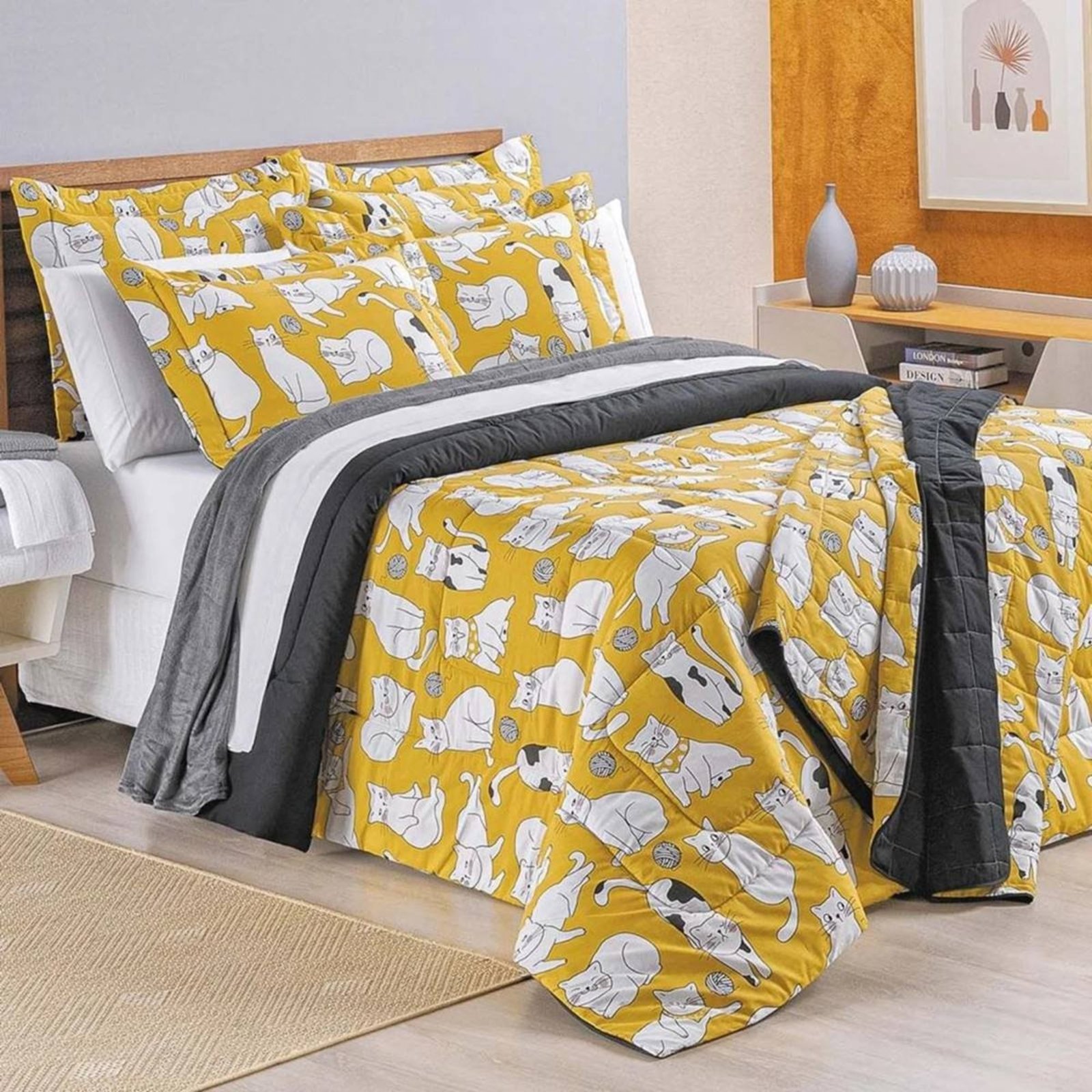 Edredom Queen Casa Modelo Enxovais New Cats Estampado 200 Fios Algodão 3 Peças