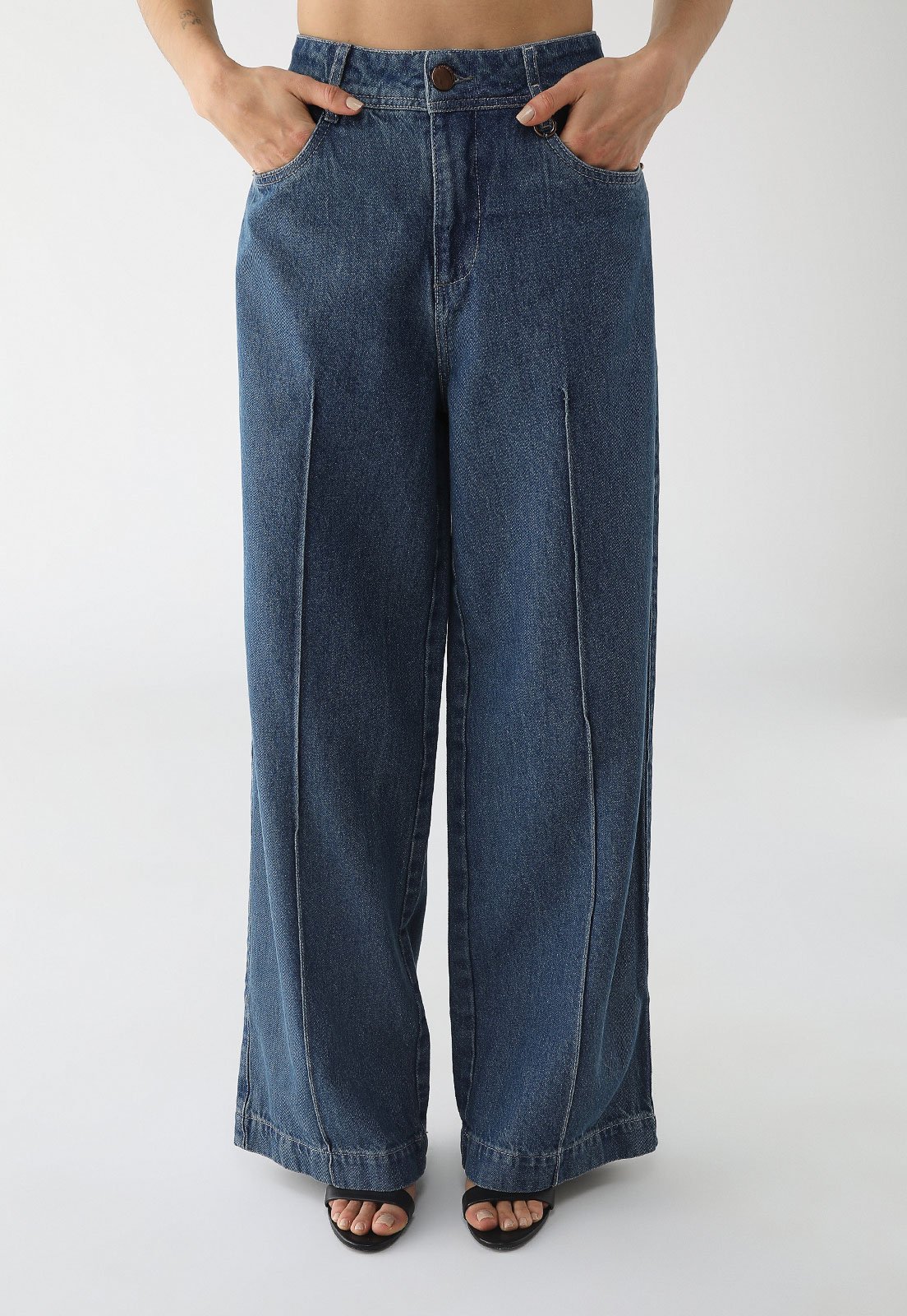 Calça Jeans Maria Valentina Pantalona Pocket Azul