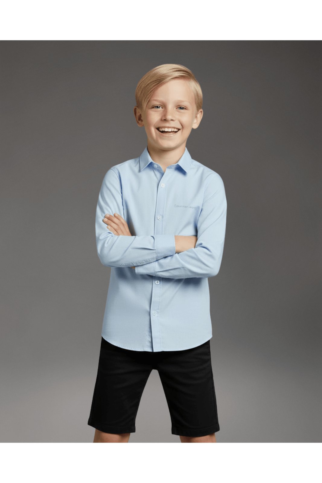 Infantil - Camisa Menino Manga Longa Assinatura Calvin Klein Jeans - Azul Claro Calvin Klein Jeans