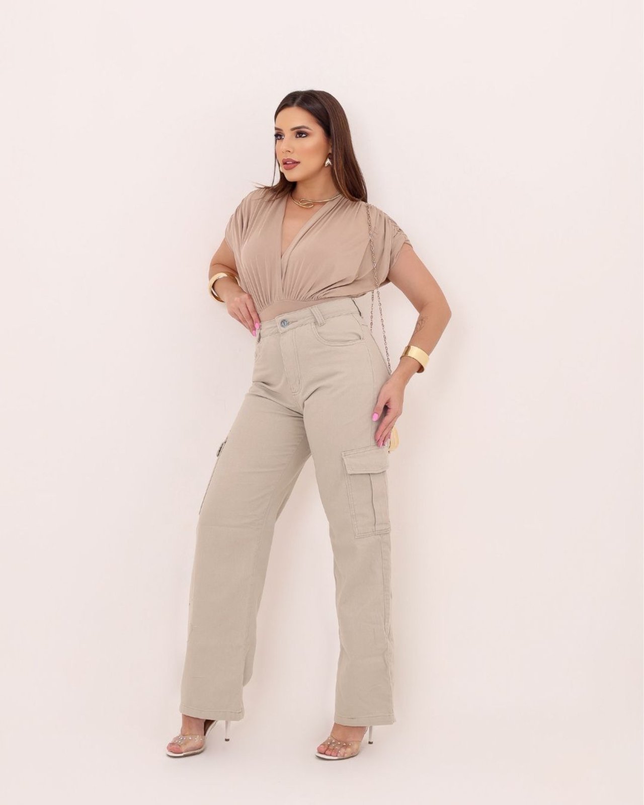 Calça Wide Leg Cargo Feminina CCW CENTRAL Confortavel e Pratica Bege
