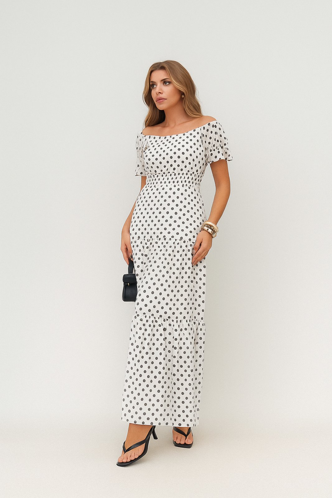 Vestido Longo D Bell Outlet Poá Branco