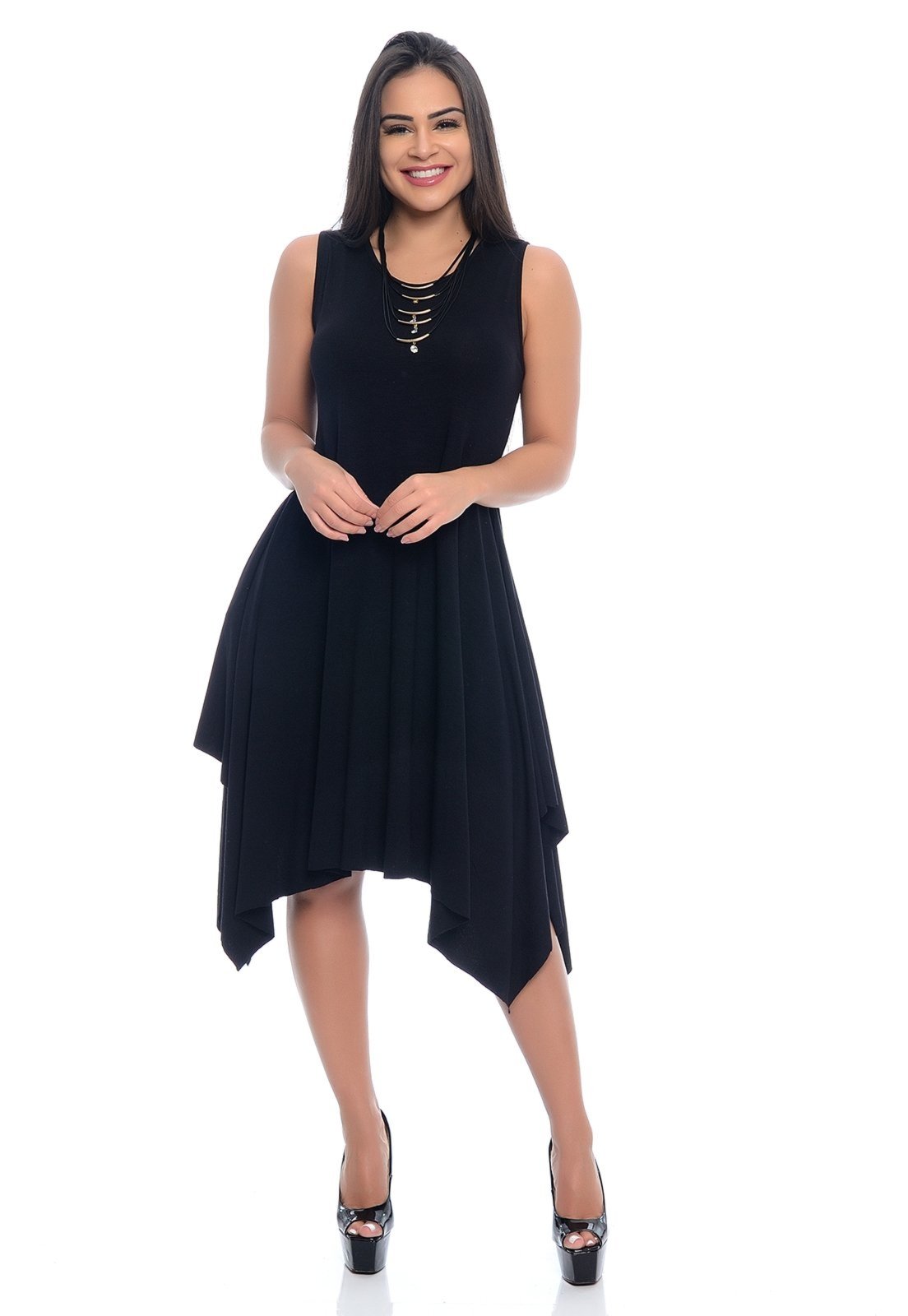 Vestido Midi Sem Manga Assimétrico Decote Redondo B’Bonnie Mabel Preto
