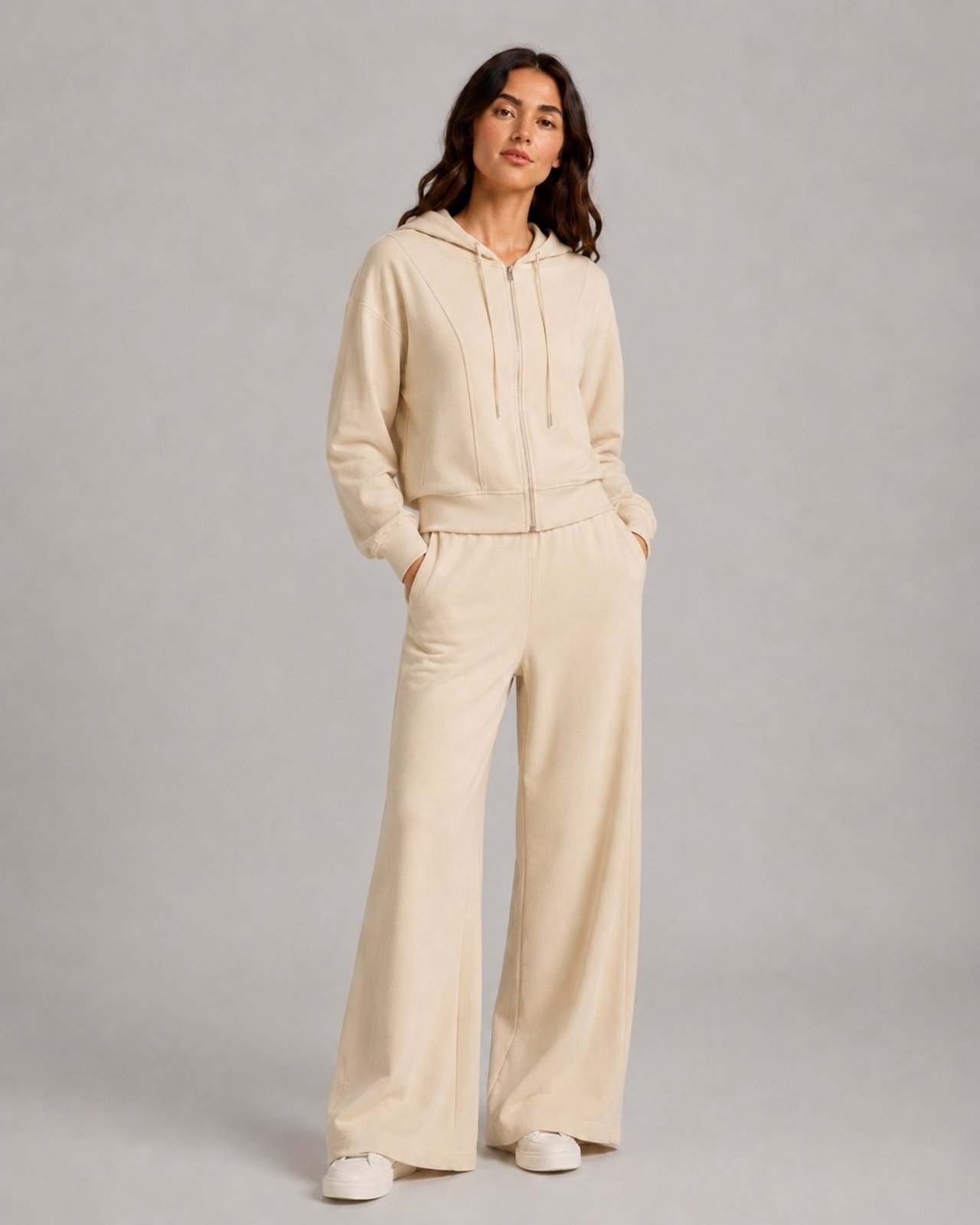 Conjunto Moletom Premium com Capuz e Calça Wide Leg Salvatore Marfim
