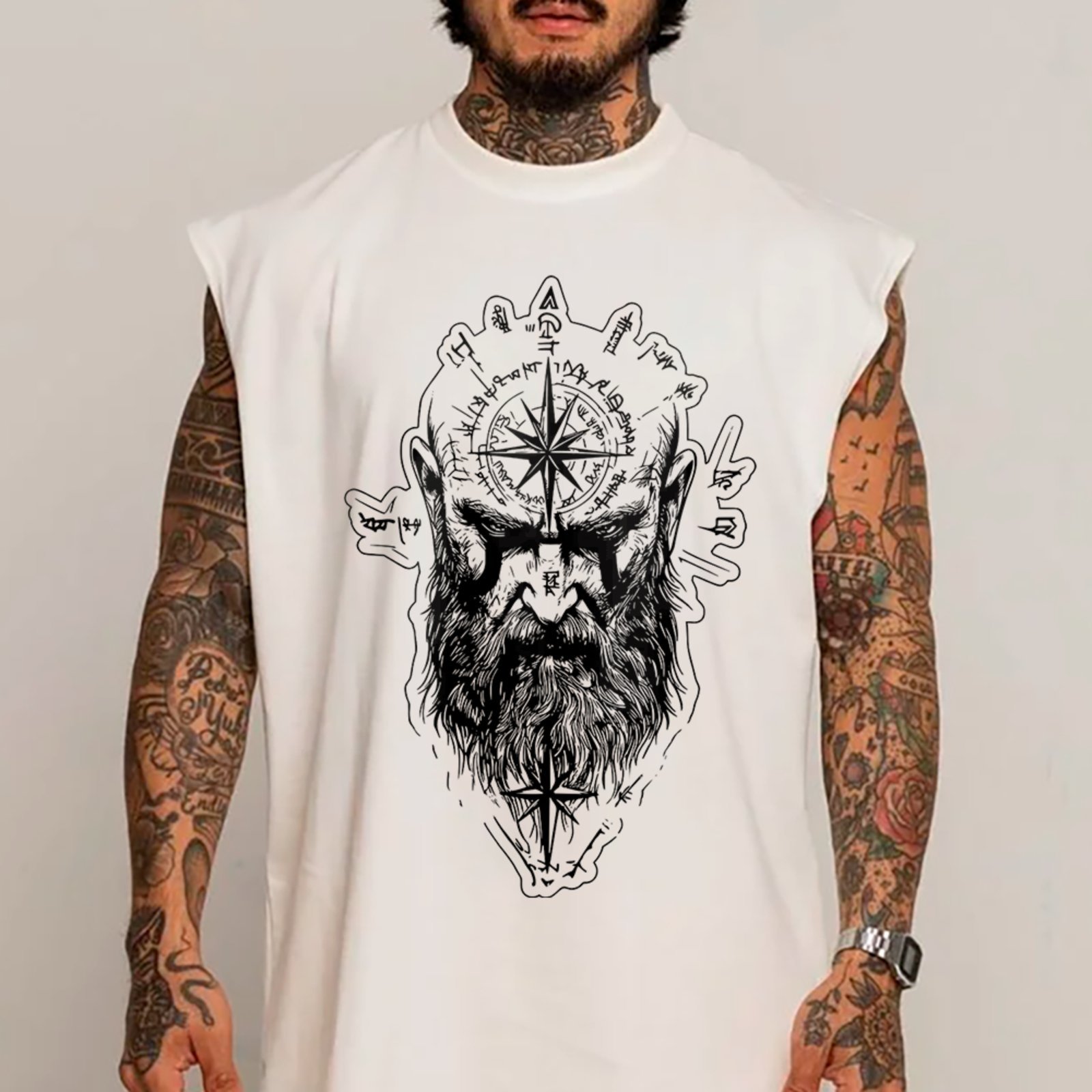 Camiseta Regata Machão Guerreiro Nórdico Runas Moda Urbana Estilo Branco