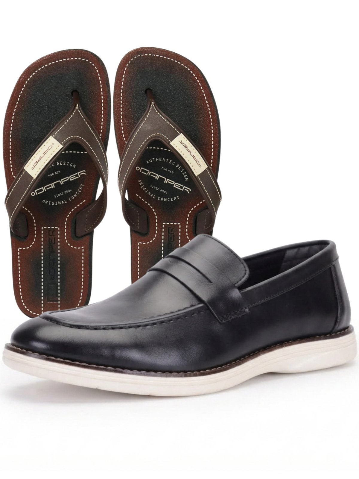 Kit Mocassim Masculino Loafer Verão Sapatofran Com Chinelo Café Versátil Confortável Preto