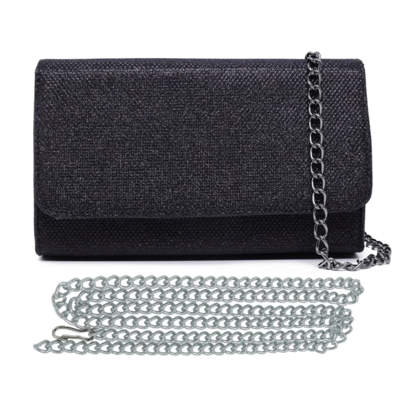 Bolsa Feminina Glitter Preta Brilhante 2 Alças Corrente Removiveis Clutch Pequena De Mão Ombro Moda Festa Balada Carmelo Shoes