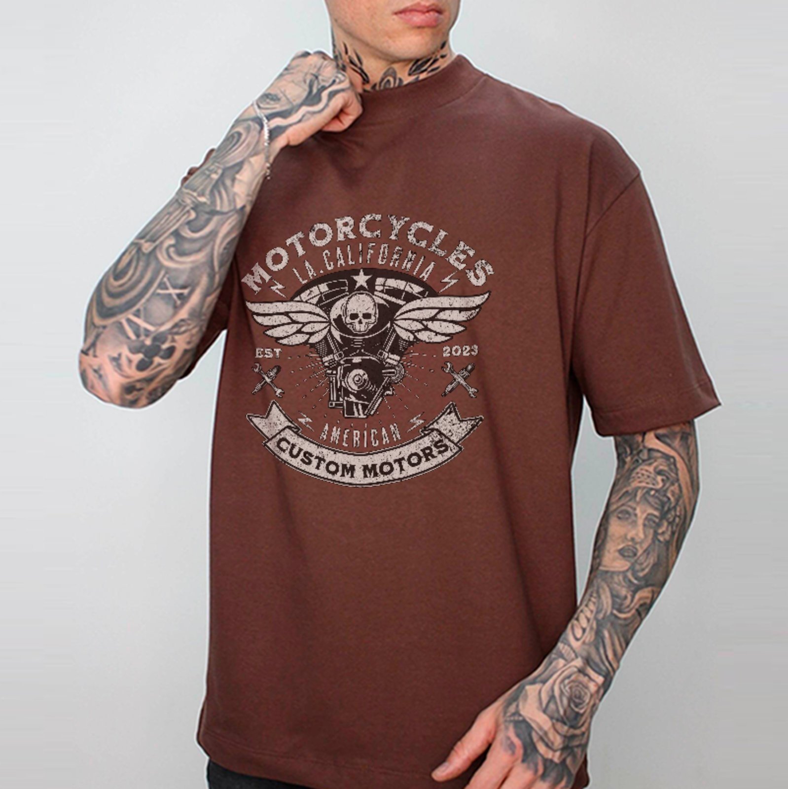Camiseta Oversized Premium American Custom Motors Vintage Unissex Marrom
