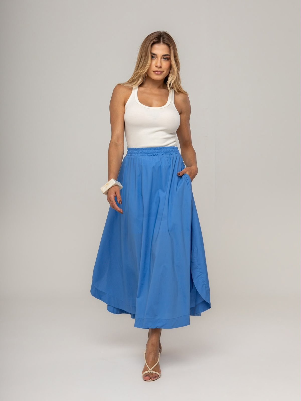 Saia Midi Feminina Tricoline Forrada em Algodão com Bolsos Azul