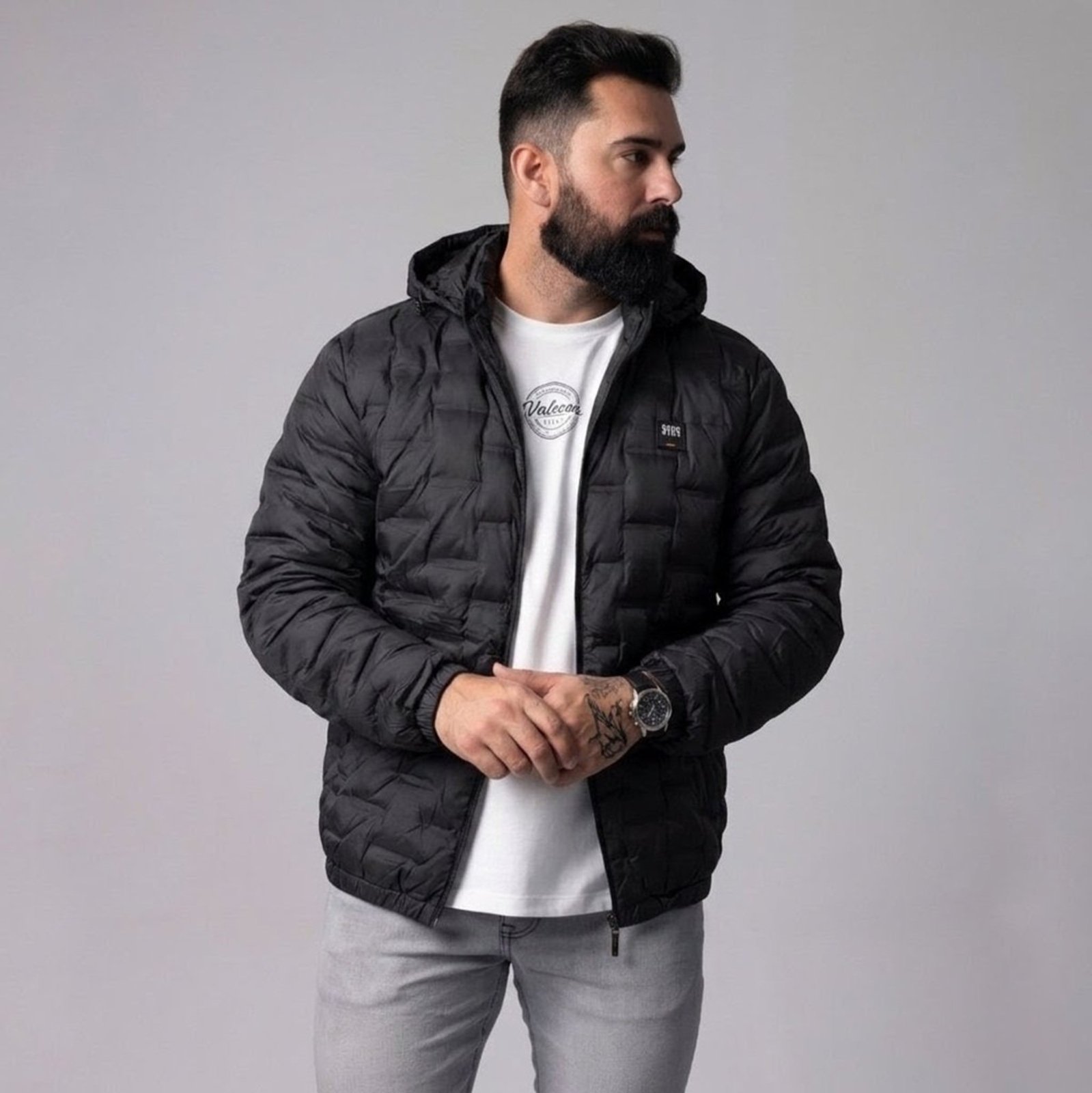 Jaqueta Masculina Puffer Tratorada Preta Gangster