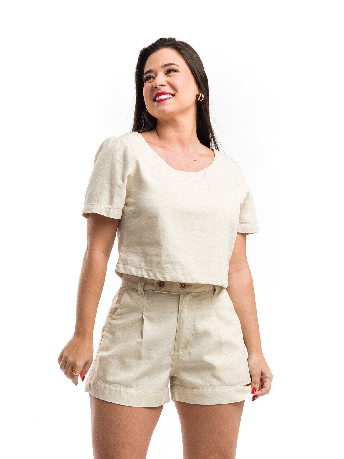 Cropped Blusa Restrito Jeans de Linho Com Mangas – BEGE